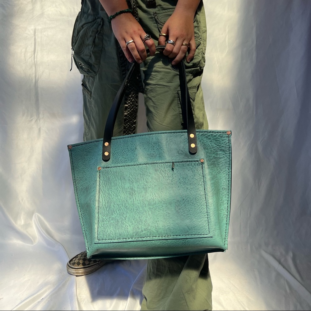 Handmade Turquoise Lether Tote Bag - Picture 6 of 11